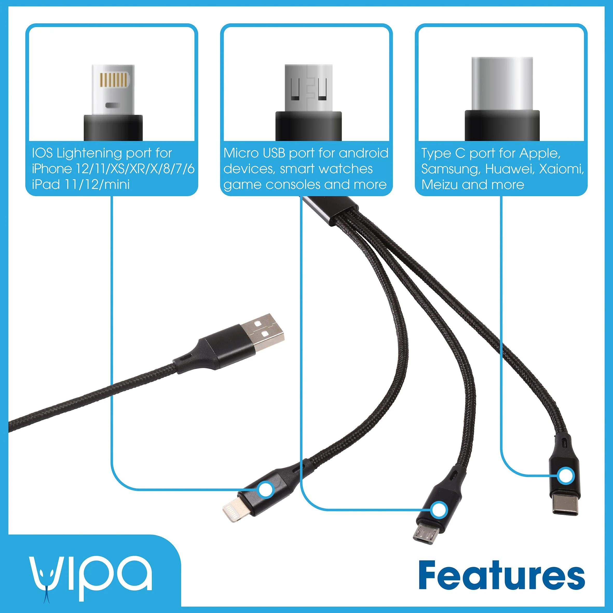 1.2M Braided 3 in 1 Charging Cable - Image 4