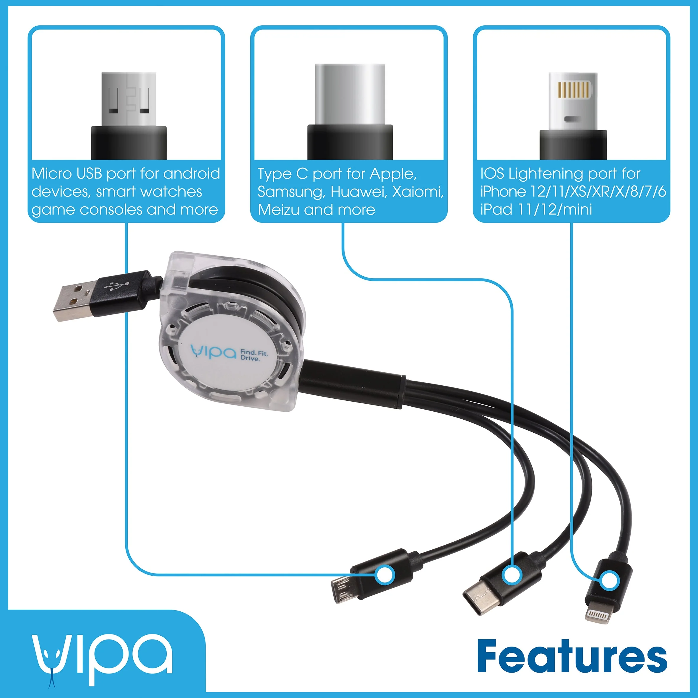 1M RETRACTABLE CHARGING CABLE - 3 IN 1 - Image 5